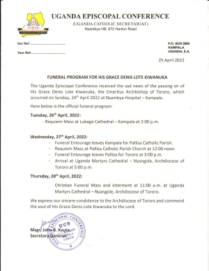 Funeral program for His Grace Denis Lote Kiwanuka