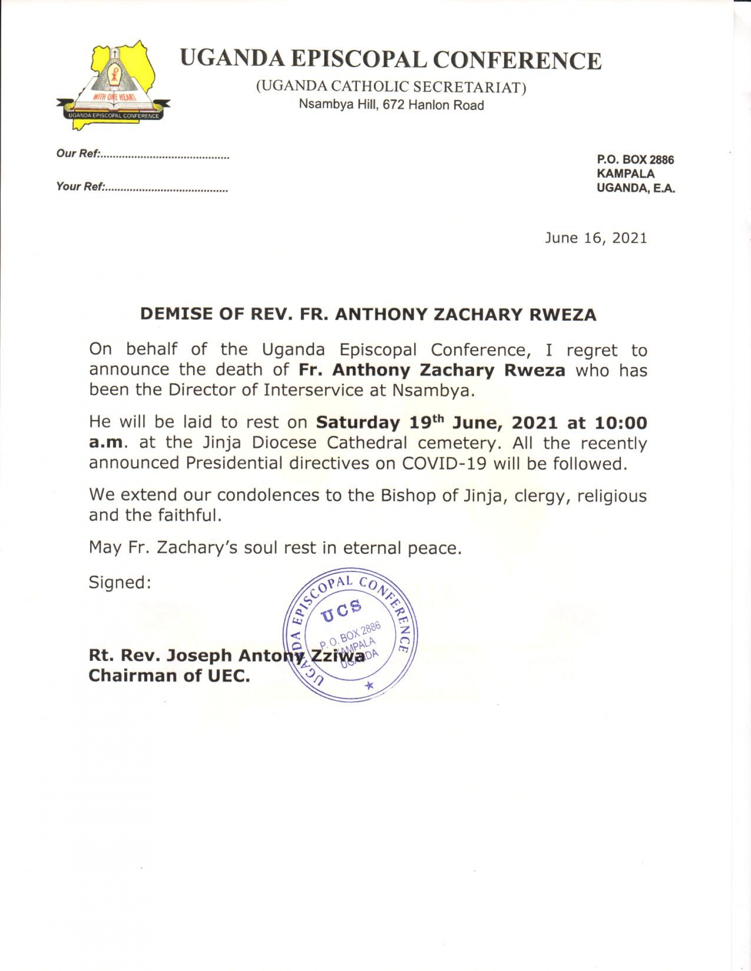 Demise of Fr. Antony Zachary Rweza