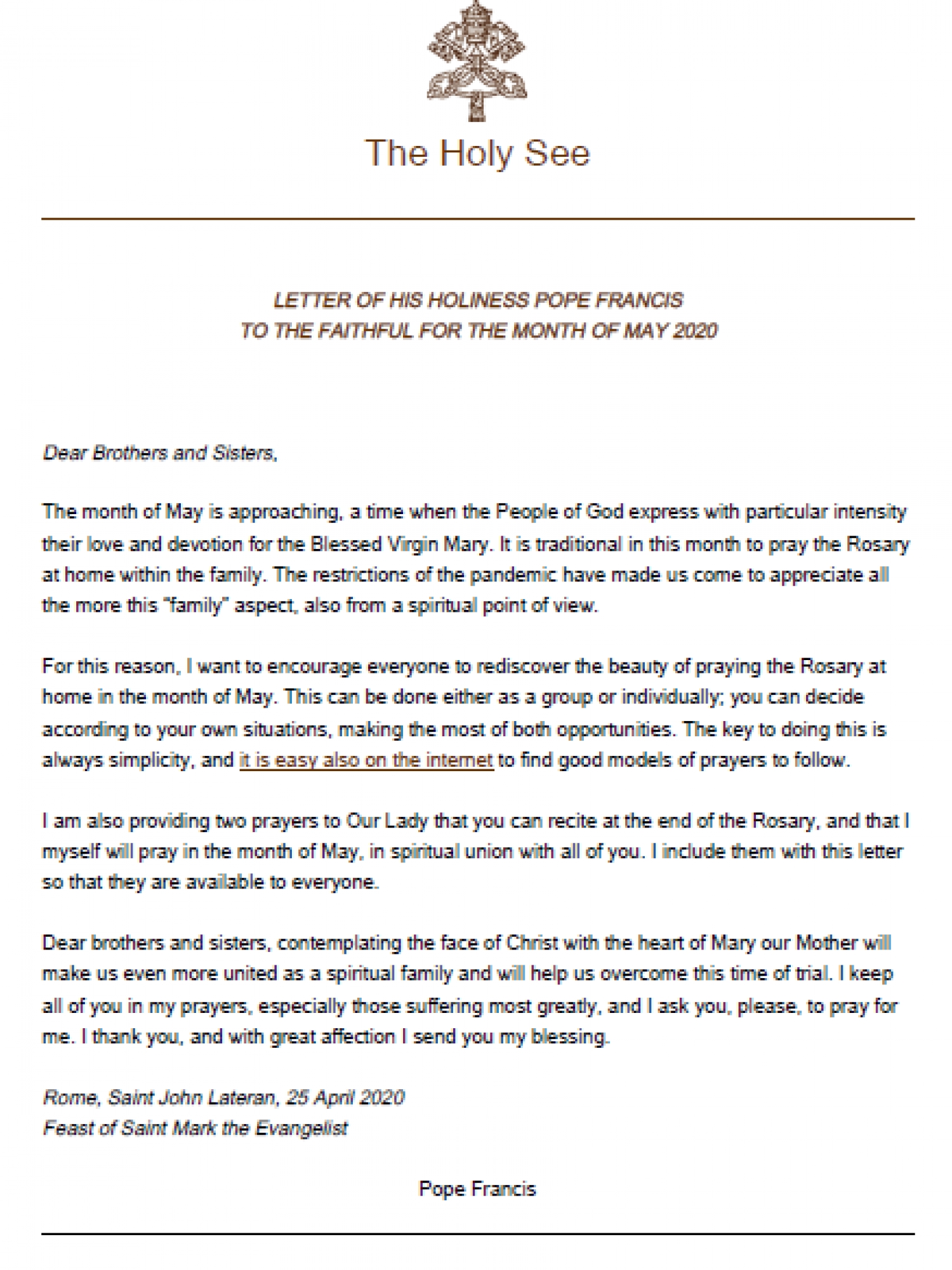 Letter of the Holy Father to the faithful for the month of May