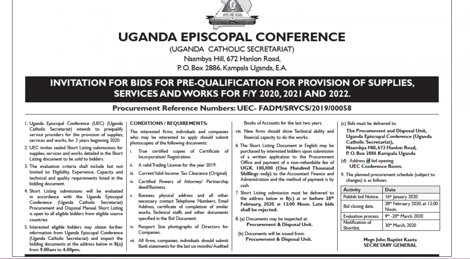INVITATION FOR BIDS FOR PRE-QUALIFICATION FOR PROVISION OF SUPPLIES, SERVICES AND WORKS FOR F/Y 2020, 2021 AND 2022.