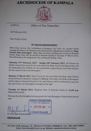 RIP Msgr Charles Kato Katongole a senior Catholic cleric of the Metropolitan Archdiocese of Kampala .