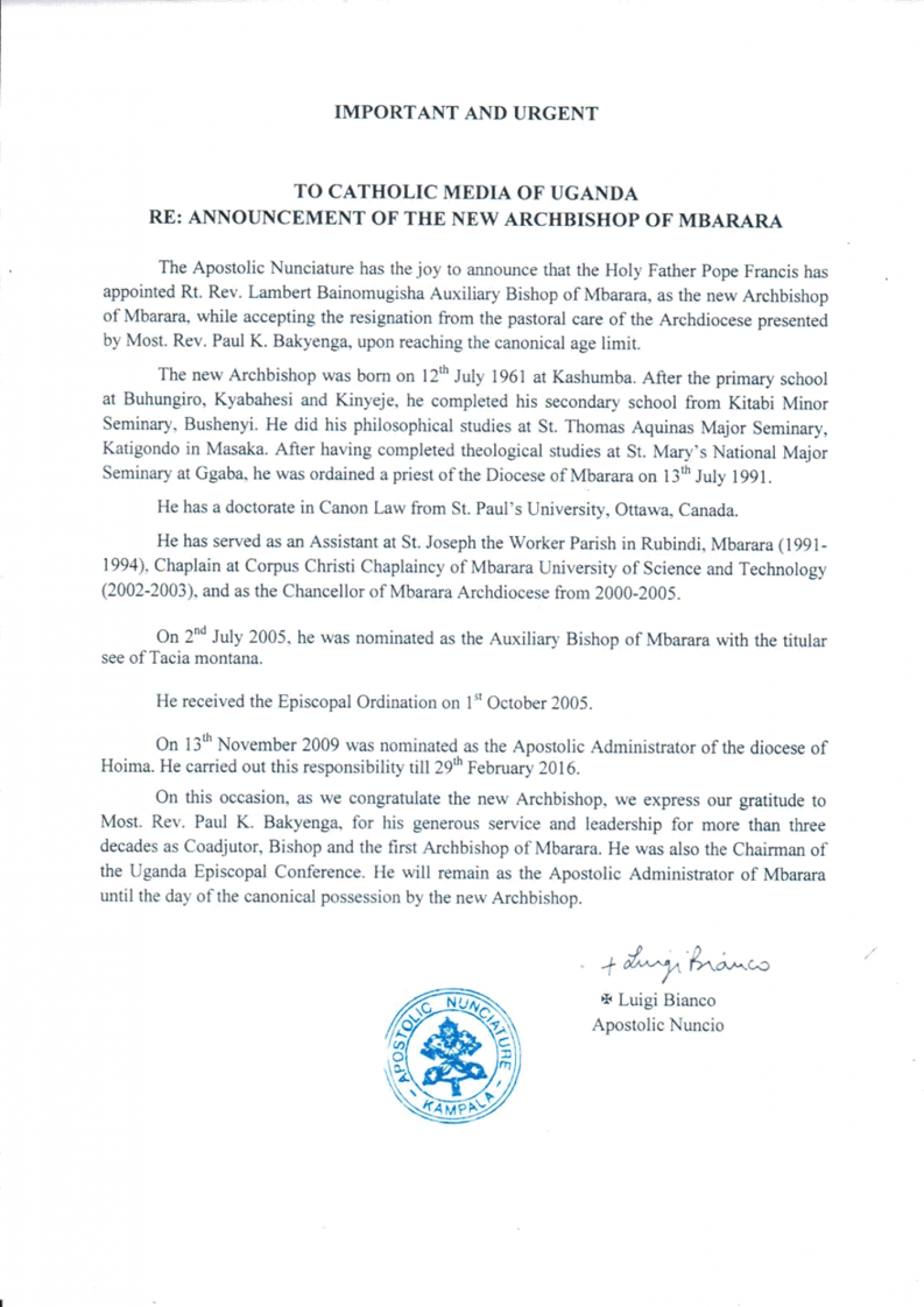 RE: ANNOUNCEMENT OF THE NEW ARCHBISHOP OF MBARARA